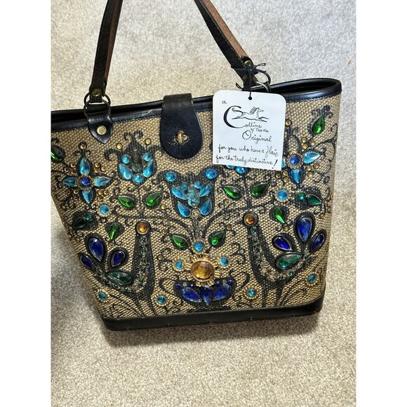 VTG 1964 Enid Collins Purse Pavan Pheasant Peacock Blue Jewels Wooden Bucket - Picture 1 of 16
